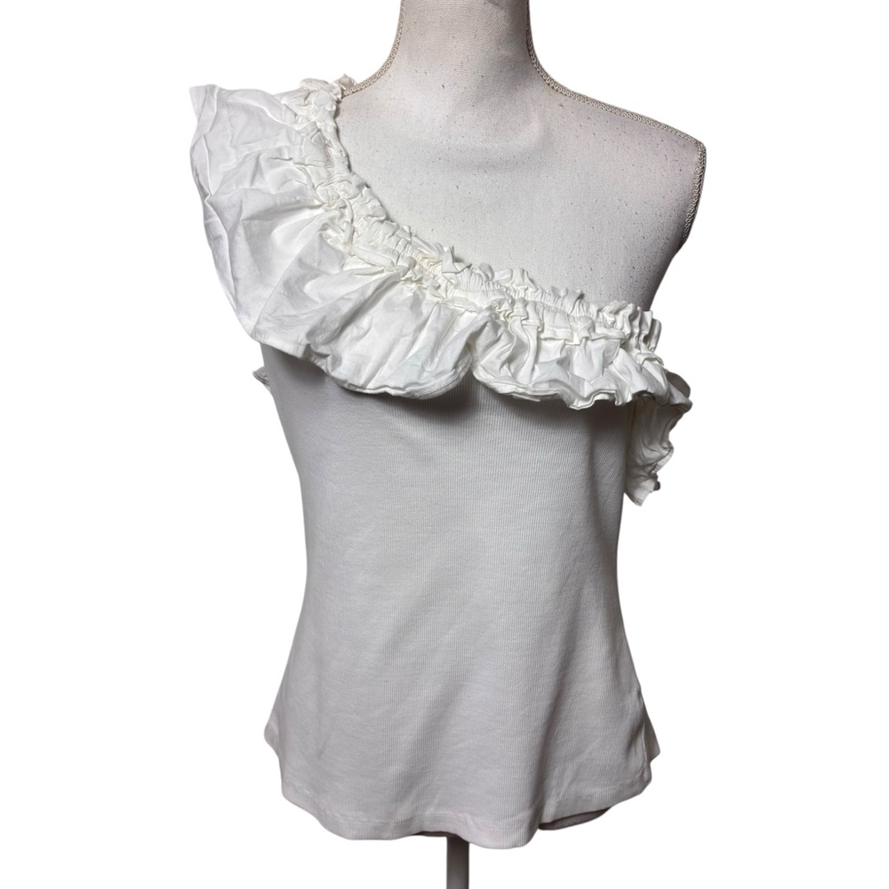 PORRIDGE WOMEN'S WHITE SIZE LARGE RIBBED ONE SHOULDER RUFFLE TOP